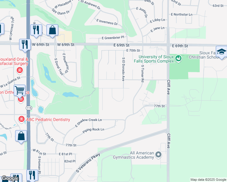 map of restaurants, bars, coffee shops, grocery stores, and more near 731 East El Dorado Drive in Sioux Falls