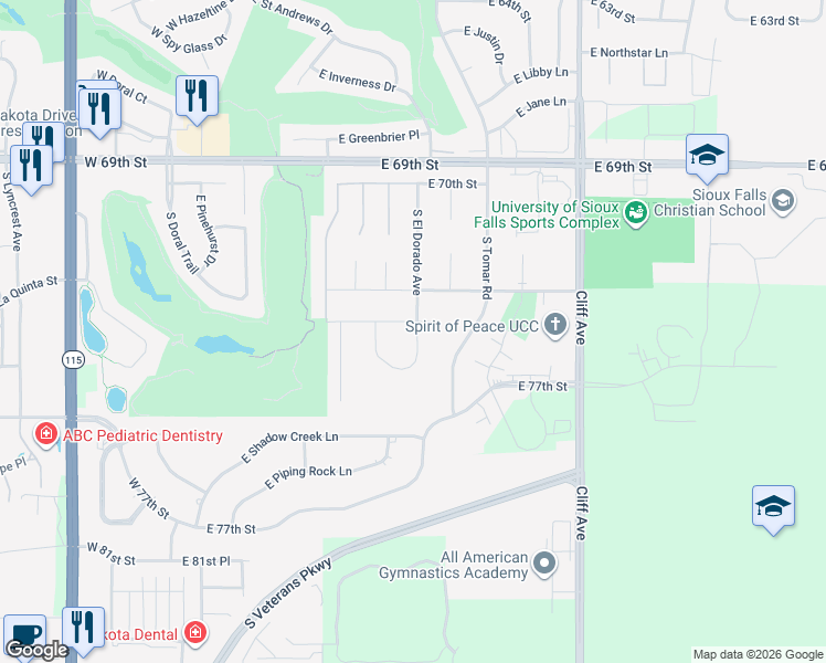 map of restaurants, bars, coffee shops, grocery stores, and more near East El Dorado Court in Sioux Falls
