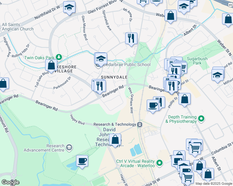 map of restaurants, bars, coffee shops, grocery stores, and more near 195 Corrie Crescent in Waterloo