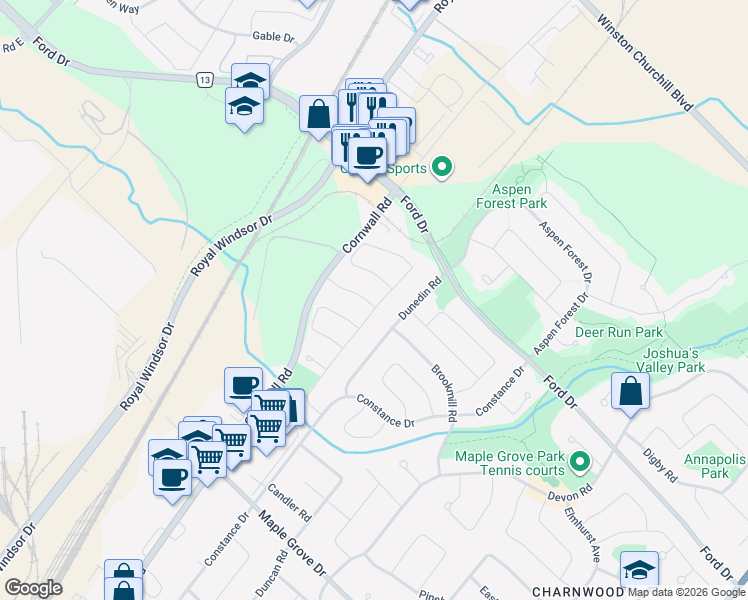 map of restaurants, bars, coffee shops, grocery stores, and more near 499 Cardiff Drive in Oakville