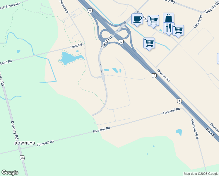 map of restaurants, bars, coffee shops, grocery stores, and more near 35 Cooper Drive in Guelph
