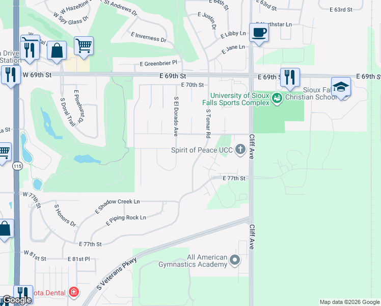 map of restaurants, bars, coffee shops, grocery stores, and more near 815 East El Dorado Circle in Sioux Falls