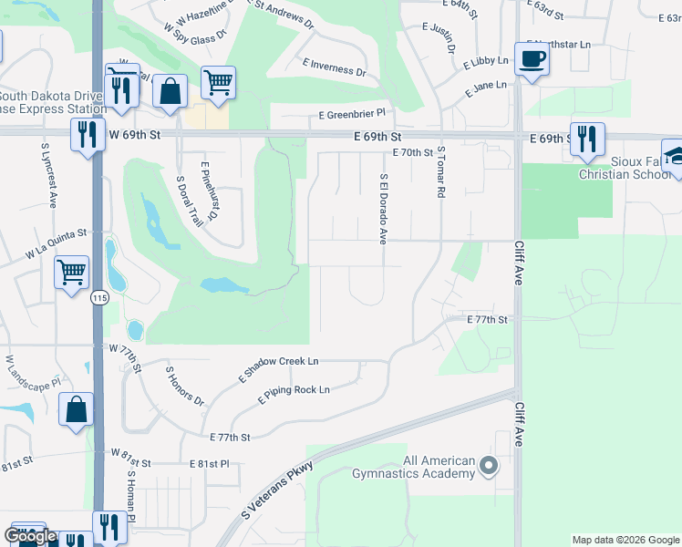 map of restaurants, bars, coffee shops, grocery stores, and more near 731 East El Dorado Drive in Sioux Falls