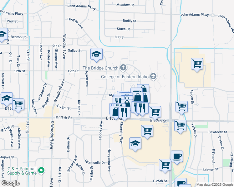 map of restaurants, bars, coffee shops, grocery stores, and more near 2105 Alan Street in Idaho Falls