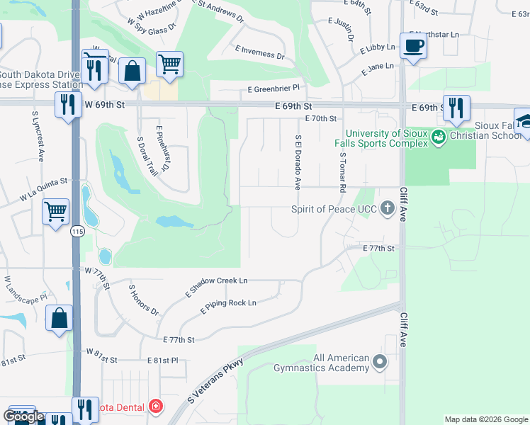 map of restaurants, bars, coffee shops, grocery stores, and more near 731 East El Dorado Drive in Sioux Falls