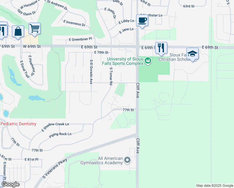 map of restaurants, bars, coffee shops, grocery stores, and more near 6709 South Santa Rosa Place in Sioux Falls