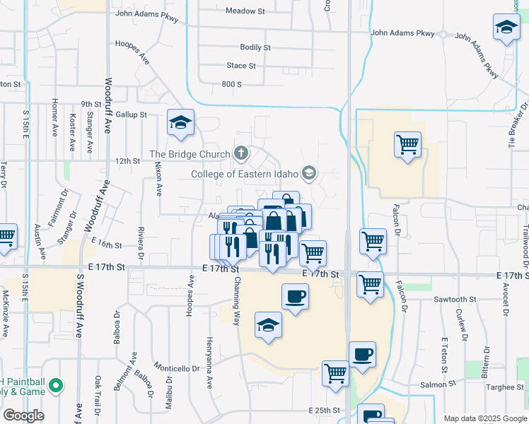 map of restaurants, bars, coffee shops, grocery stores, and more near 1390 Elizabeth Cirlcle in Idaho Falls