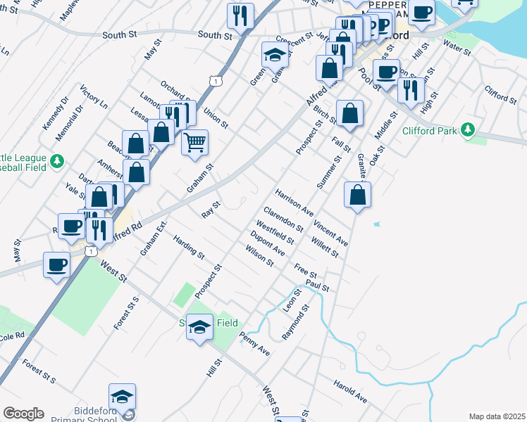map of restaurants, bars, coffee shops, grocery stores, and more near 103 Prospect Street in Biddeford