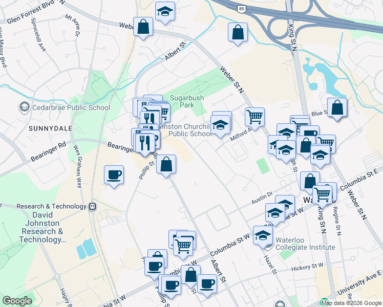 map of restaurants, bars, coffee shops, grocery stores, and more near 443 Hazel Street in Waterloo