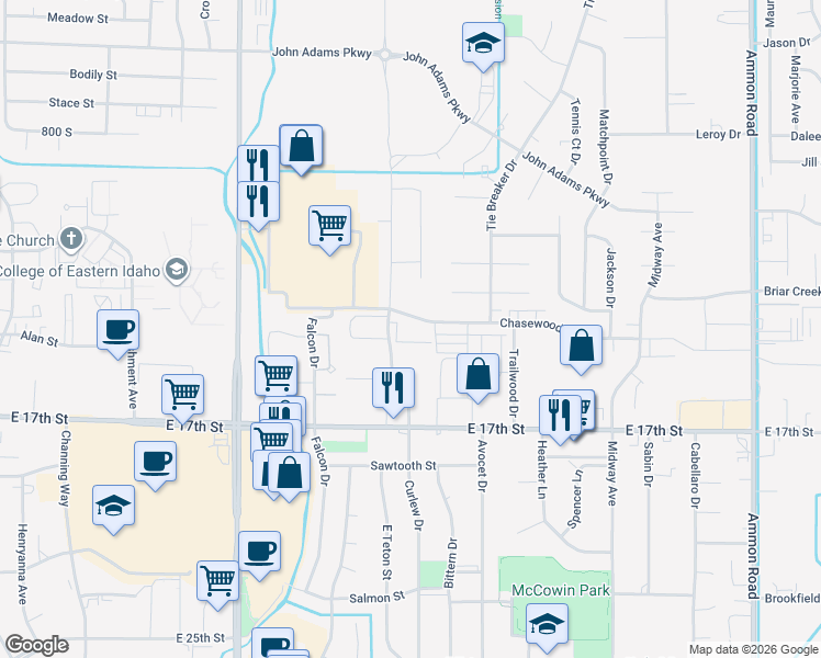 map of restaurants, bars, coffee shops, grocery stores, and more near 1405 Curlew Drive in Ammon