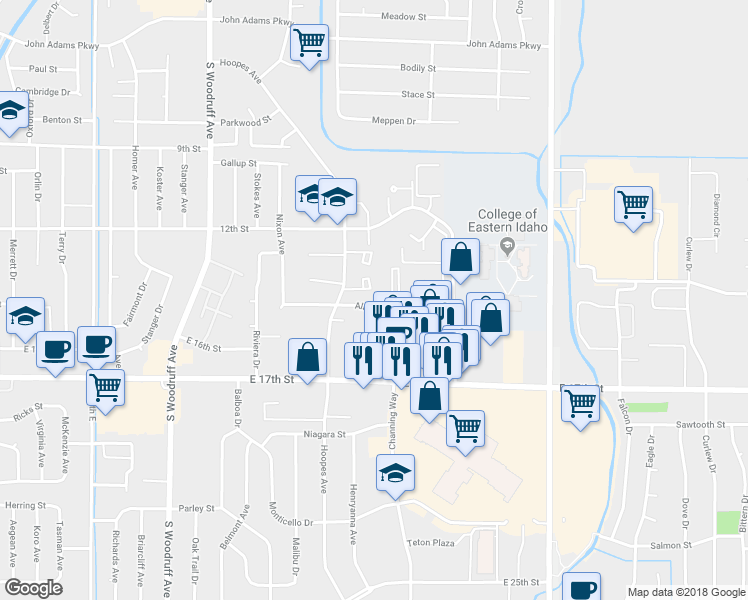 map of restaurants, bars, coffee shops, grocery stores, and more near 2105 Alan Street in Idaho Falls