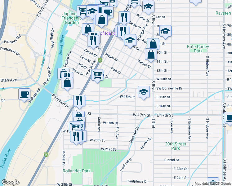 map of restaurants, bars, coffee shops, grocery stores, and more near 351 West 14th Street in Idaho Falls
