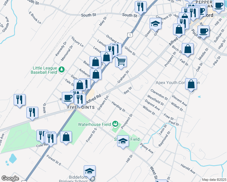 map of restaurants, bars, coffee shops, grocery stores, and more near 289 Alfred Road in Biddeford