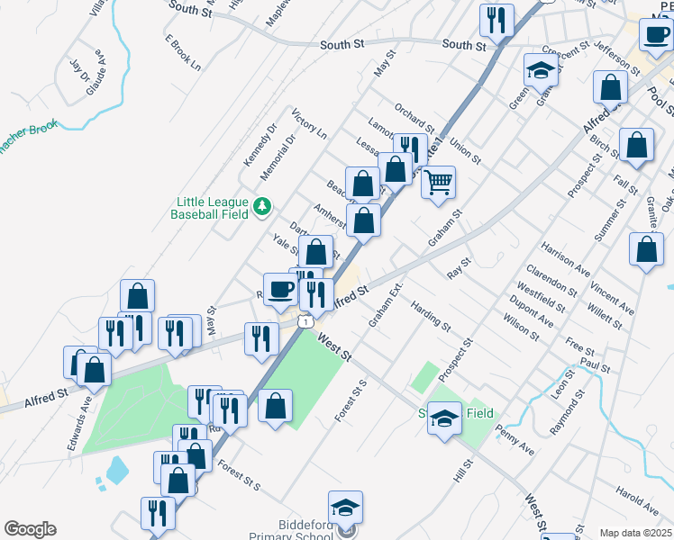 map of restaurants, bars, coffee shops, grocery stores, and more near 1 Dartmouth Street in Biddeford