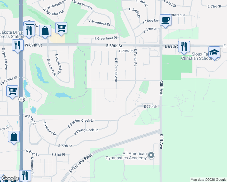 map of restaurants, bars, coffee shops, grocery stores, and more near East El Dorado Court in Sioux Falls