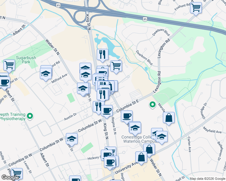 map of restaurants, bars, coffee shops, grocery stores, and more near 22 Forwell Creek Road in Waterloo