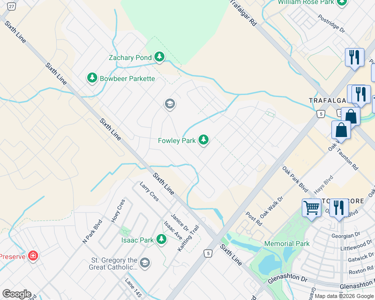 map of restaurants, bars, coffee shops, grocery stores, and more near 3124 Post Road in Oakville