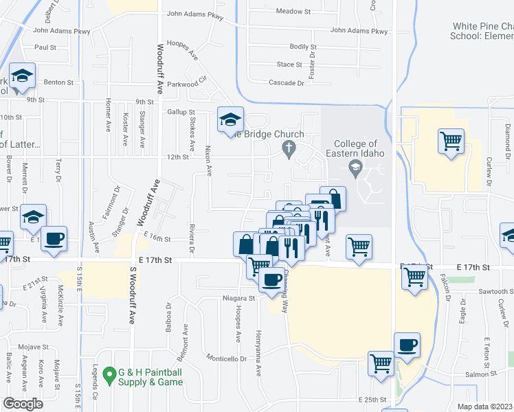 map of restaurants, bars, coffee shops, grocery stores, and more near 2045 Alan Street in Idaho Falls