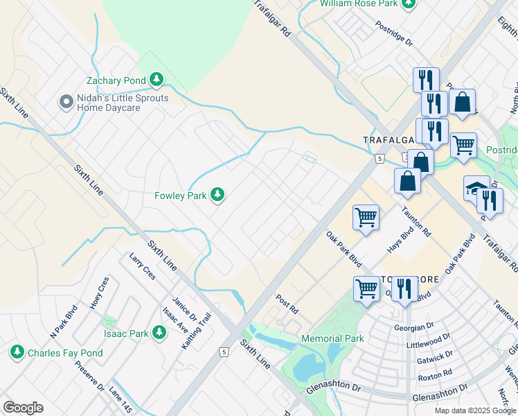 map of restaurants, bars, coffee shops, grocery stores, and more near Beaveridge Avenue in Oakville