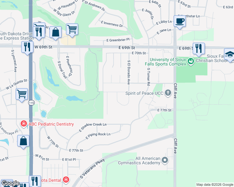 map of restaurants, bars, coffee shops, grocery stores, and more near East El Dorado Court in Sioux Falls