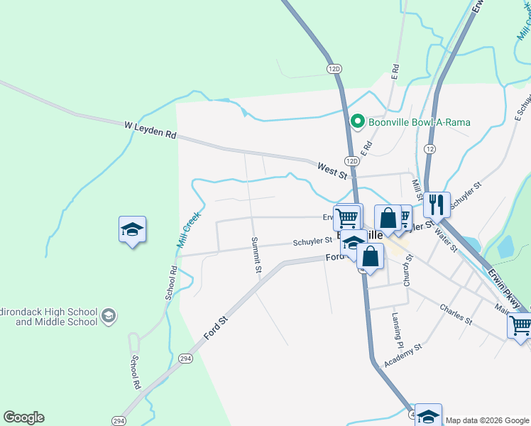 map of restaurants, bars, coffee shops, grocery stores, and more near 151 Erwin Street in Boonville