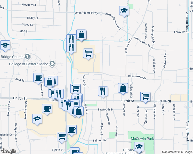 map of restaurants, bars, coffee shops, grocery stores, and more near 1378 Curlew Drive in Ammon