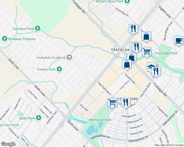 map of restaurants, bars, coffee shops, grocery stores, and more near 150 Sabina Drive in Oakville