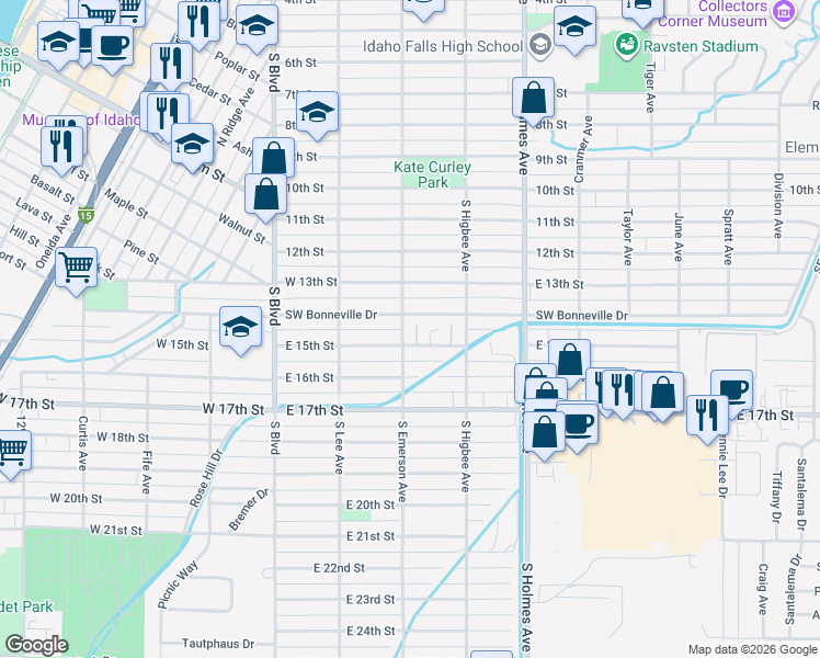 map of restaurants, bars, coffee shops, grocery stores, and more near 286 East 14th Street in Idaho Falls