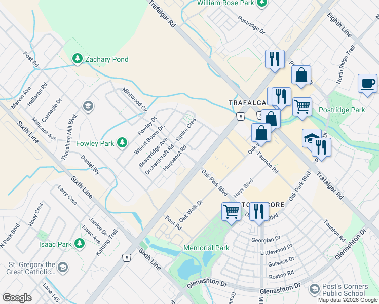 map of restaurants, bars, coffee shops, grocery stores, and more near 150 Sabina Drive in Oakville