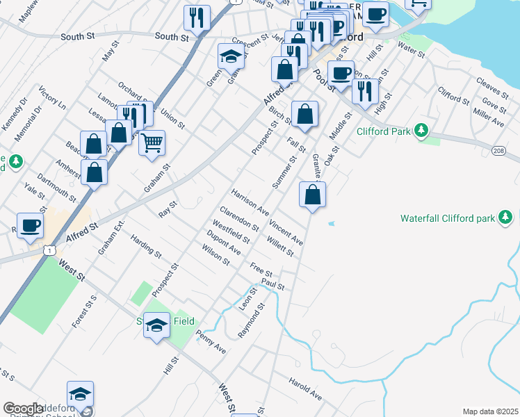 map of restaurants, bars, coffee shops, grocery stores, and more near 202 Summer Street in Biddeford