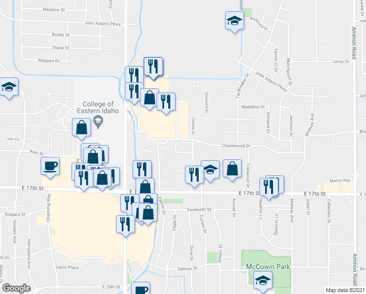 map of restaurants, bars, coffee shops, grocery stores, and more near 1378 Curlew Drive in Ammon