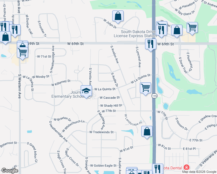map of restaurants, bars, coffee shops, grocery stores, and more near 704 West La Quinta Street in Sioux Falls