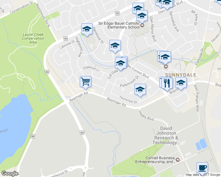 map of restaurants, bars, coffee shops, grocery stores, and more near 347 Thorncrest Drive in Waterloo