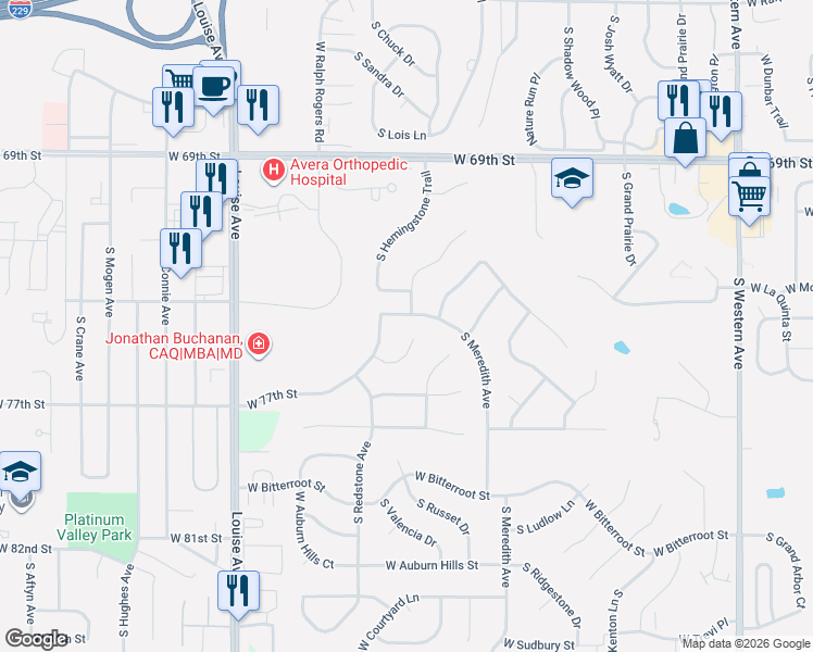 map of restaurants, bars, coffee shops, grocery stores, and more near 6705 South Colebrook Circle in Sioux Falls