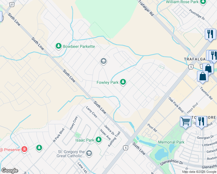 map of restaurants, bars, coffee shops, grocery stores, and more near 3153 Millicent Avenue in Oakville