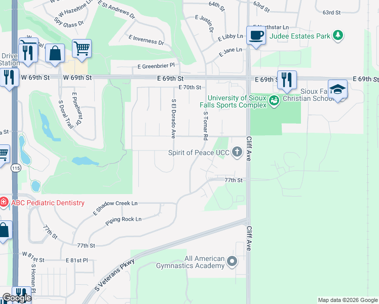 map of restaurants, bars, coffee shops, grocery stores, and more near 815 East El Dorado Circle in Sioux Falls