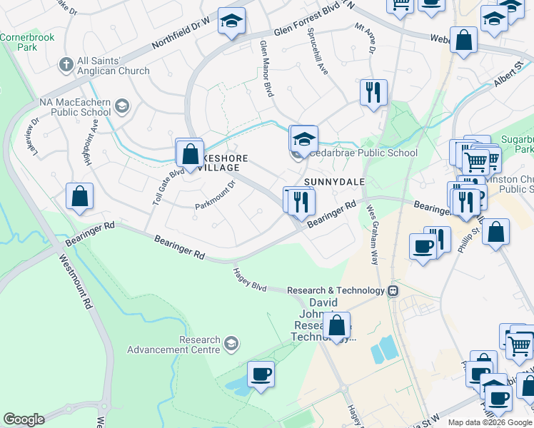 map of restaurants, bars, coffee shops, grocery stores, and more near 251 Teakwood Place in Waterloo