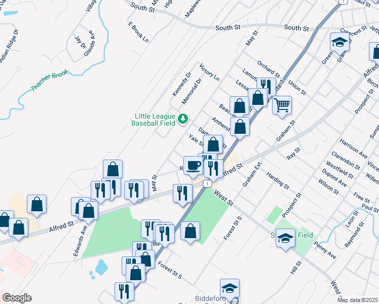 map of restaurants, bars, coffee shops, grocery stores, and more near 6 Pare Street in Biddeford
