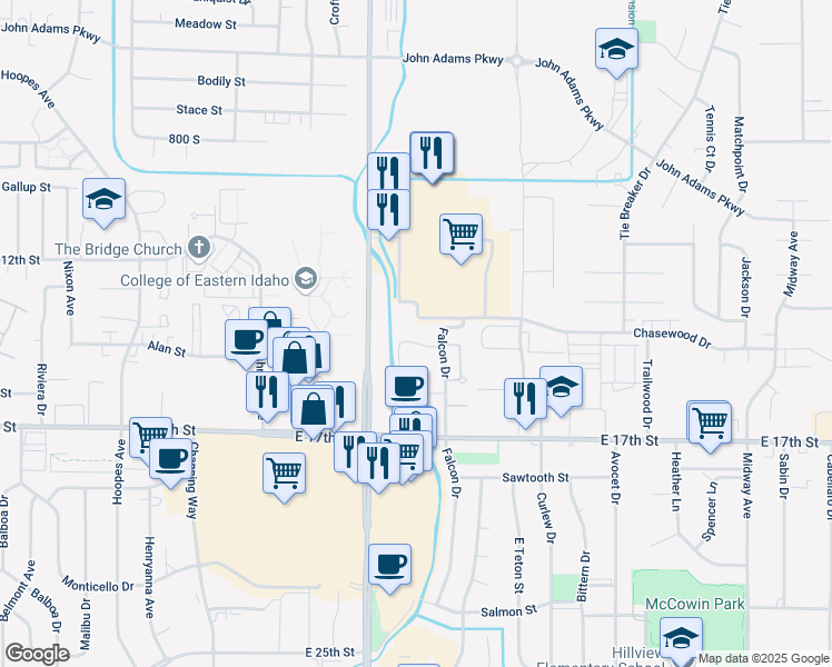 map of restaurants, bars, coffee shops, grocery stores, and more near 1422 Falcon Drive in Ammon