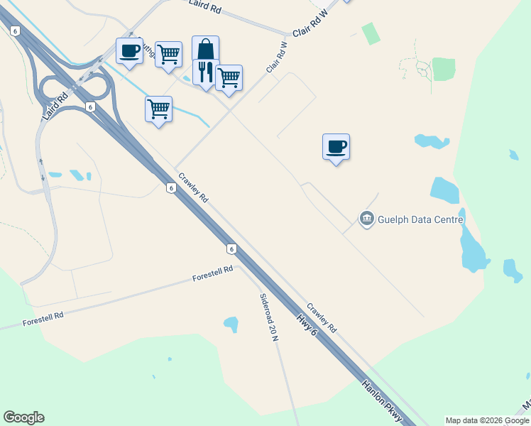 map of restaurants, bars, coffee shops, grocery stores, and more near 935 Southgate Drive in Guelph