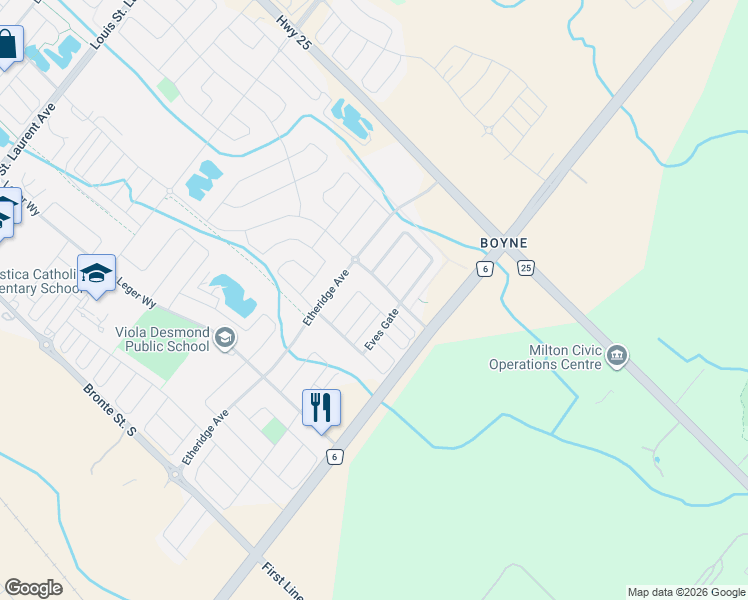 map of restaurants, bars, coffee shops, grocery stores, and more near 329 Gooding Crescent in Milton