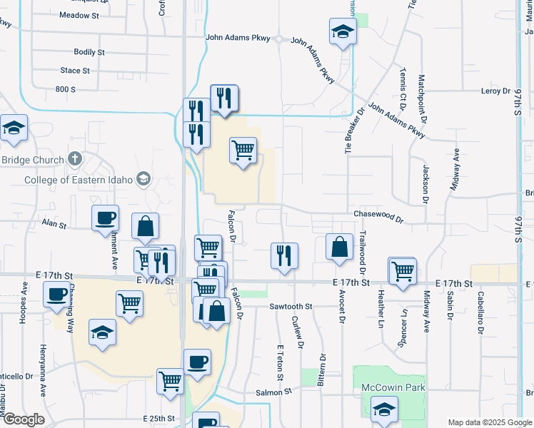 map of restaurants, bars, coffee shops, grocery stores, and more near 1378 Curlew Drive in Ammon