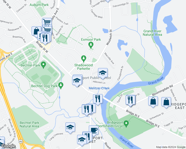 map of restaurants, bars, coffee shops, grocery stores, and more near 74 Woolwich Street in Kitchener