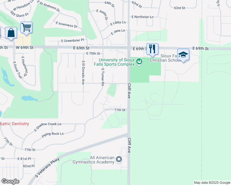 map of restaurants, bars, coffee shops, grocery stores, and more near 1106 East Carra Place in Sioux Falls