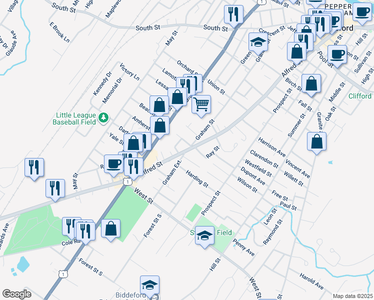map of restaurants, bars, coffee shops, grocery stores, and more near 294 Alfred St in Biddeford