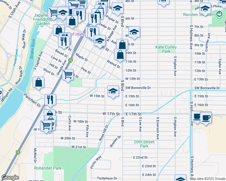 map of restaurants, bars, coffee shops, grocery stores, and more near 155 West 14th Street in Idaho Falls