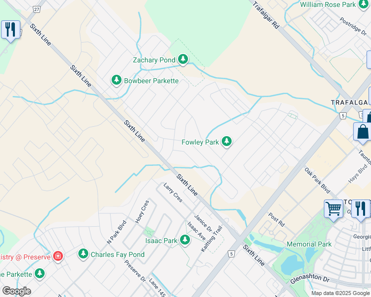 map of restaurants, bars, coffee shops, grocery stores, and more near 3175 Daniel Way in Oakville