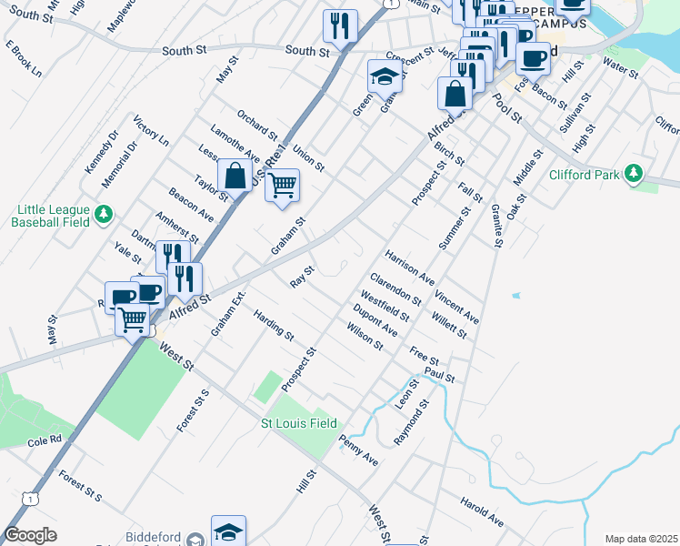 map of restaurants, bars, coffee shops, grocery stores, and more near 12 Prospect Manor in Biddeford
