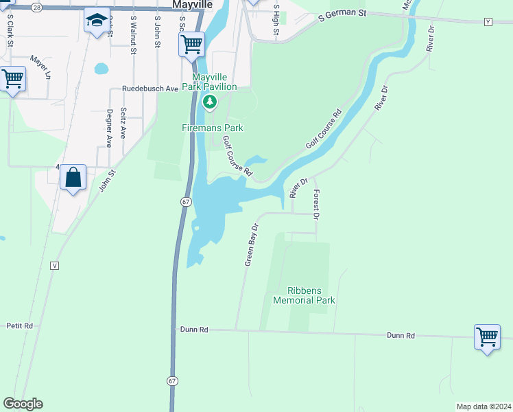 map of restaurants, bars, coffee shops, grocery stores, and more near 725 Green Bay Drive in Mayville