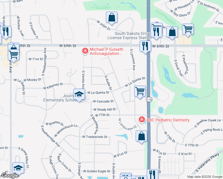 map of restaurants, bars, coffee shops, grocery stores, and more near 704 West La Quinta Street in Sioux Falls